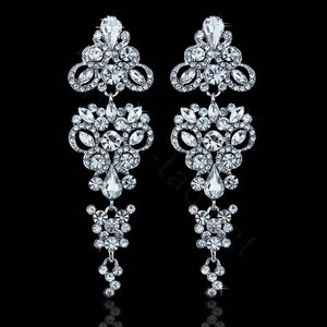 Gorgeous Chandelier Shape Crystal White Gold Plated Long Earrings Wedding Jewelry Earrings for Women