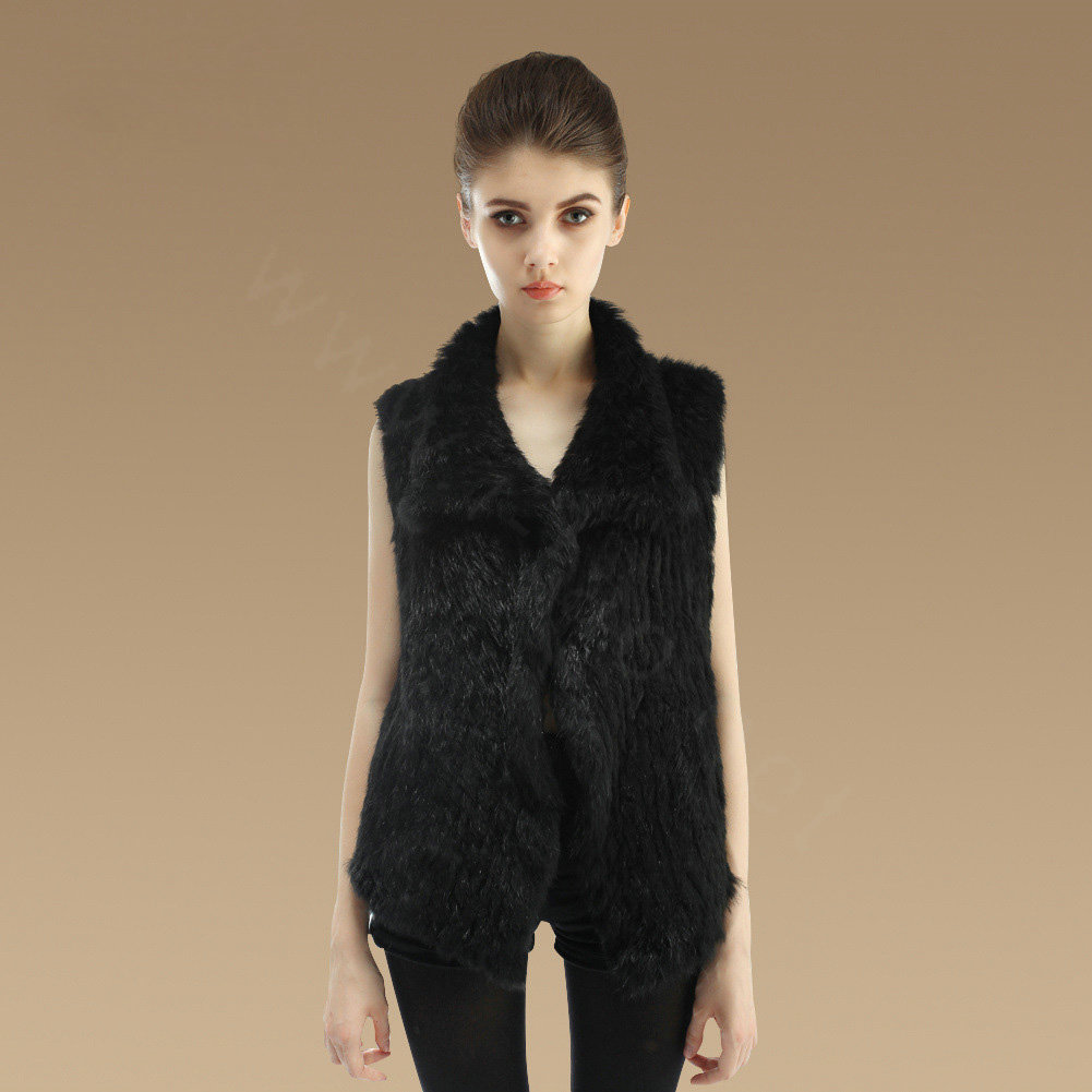 Gorgeous Delicate Knitted Nature Rabbit Fur Vest Women Winter Warm Fur Gilet - Black