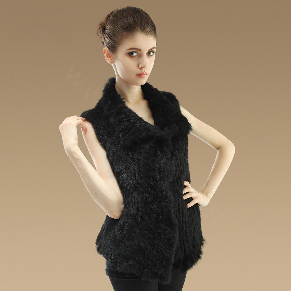 Gorgeous Delicate Knitted Nature Rabbit Fur Vest Women Winter Warm Fur Gilet - Black