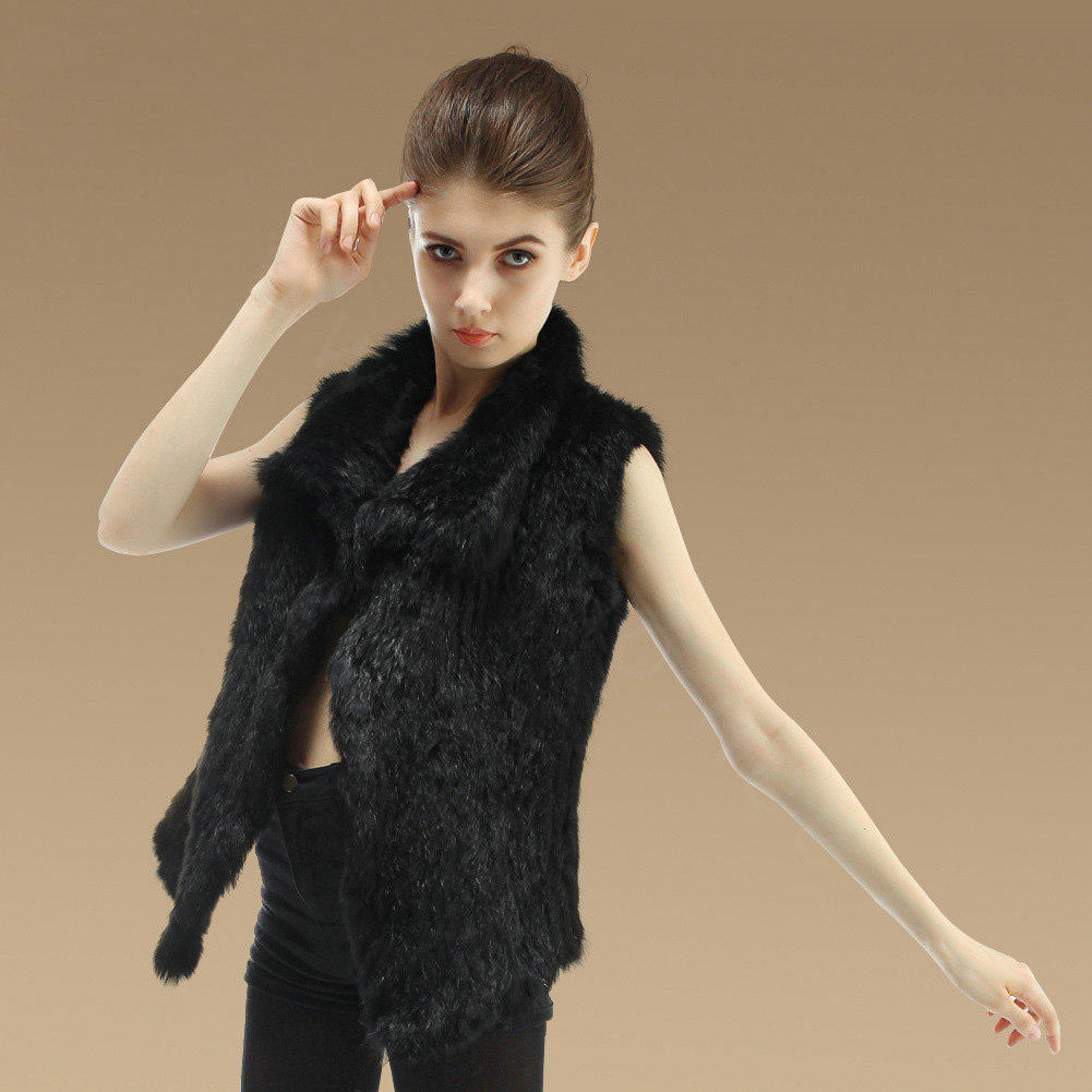 Gorgeous Delicate Knitted Nature Rabbit Fur Vest Women Winter Warm Fur Gilet - Black