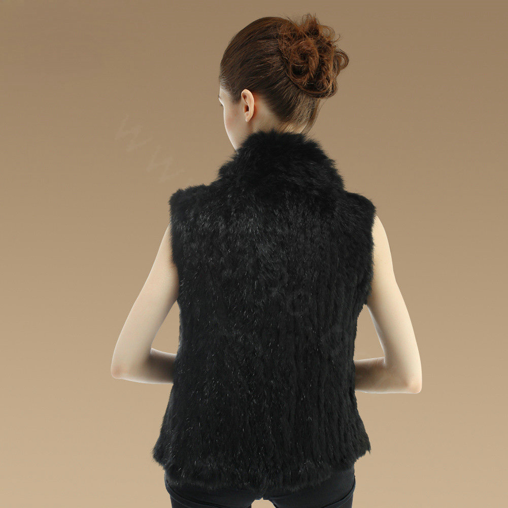 Gorgeous Delicate Knitted Nature Rabbit Fur Vest Women Winter Warm Fur Gilet - Black