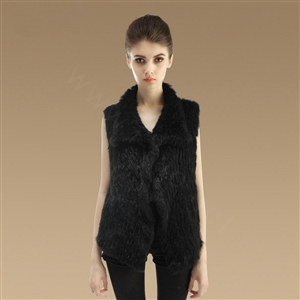 Gorgeous Delicate Knitted Nature Rabbit Fur Vest Women Winter Warm Fur Gilet - Black