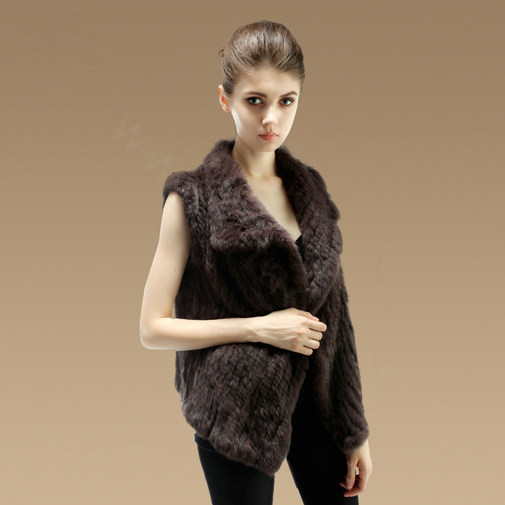 Gorgeous Delicate Knitted Nature Rabbit Fur Vest Women Winter Warm Fur Gilet - Coffee