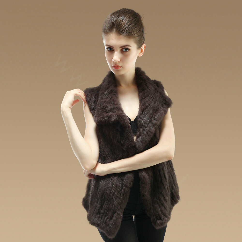 Gorgeous Delicate Knitted Nature Rabbit Fur Vest Women Winter Warm Fur Gilet - Coffee