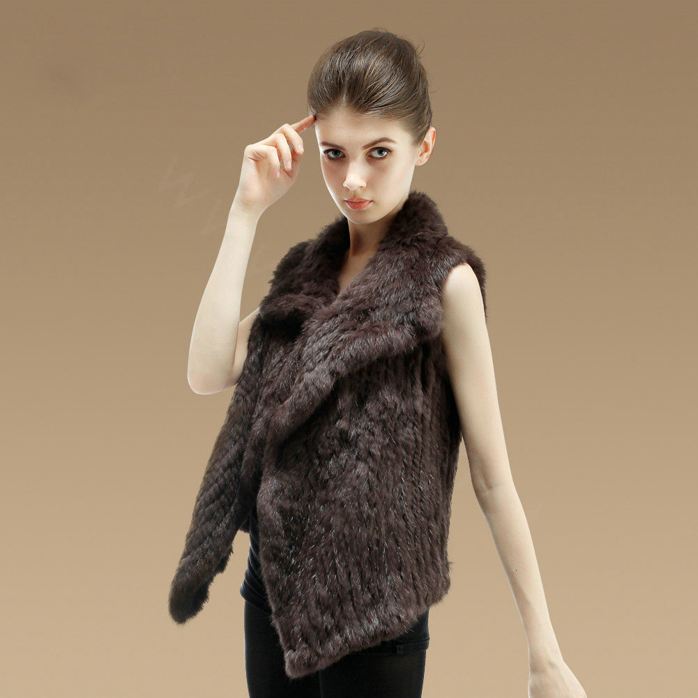 Gorgeous Delicate Knitted Nature Rabbit Fur Vest Women Winter Warm Fur Gilet - Coffee