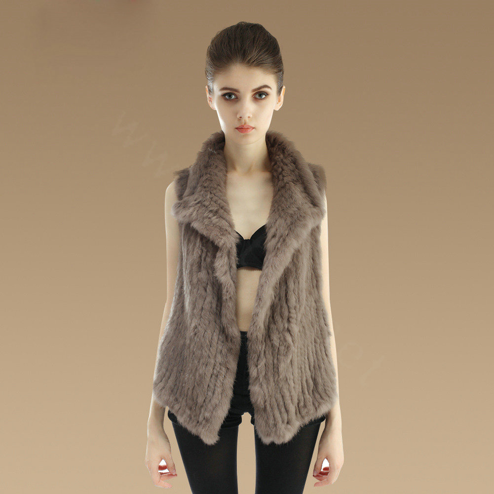 Gorgeous Delicate Knitted Nature Rabbit Fur Vest Women Winter Warm Fur Gilet - Khaki