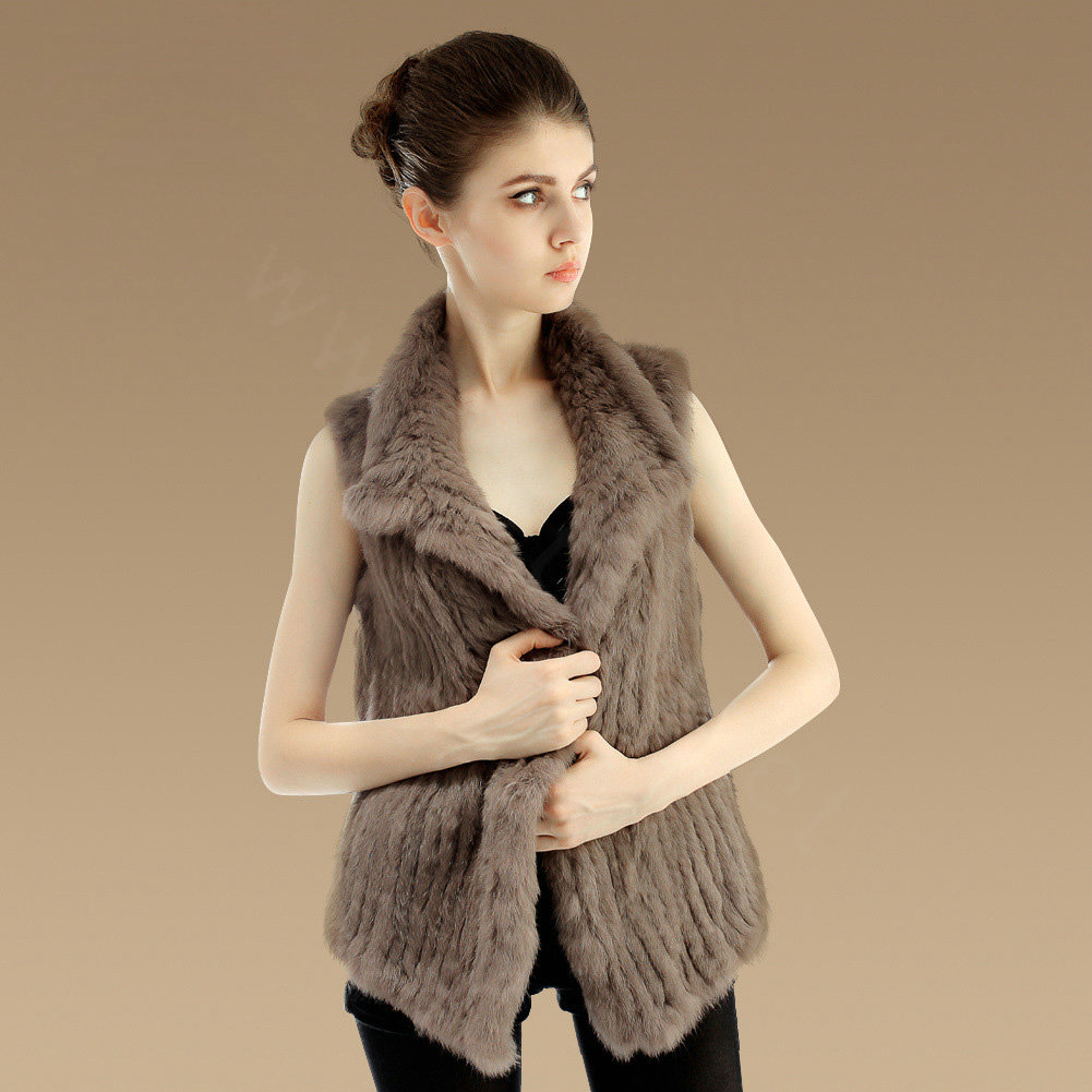 Gorgeous Delicate Knitted Nature Rabbit Fur Vest Women Winter Warm Fur Gilet - Khaki
