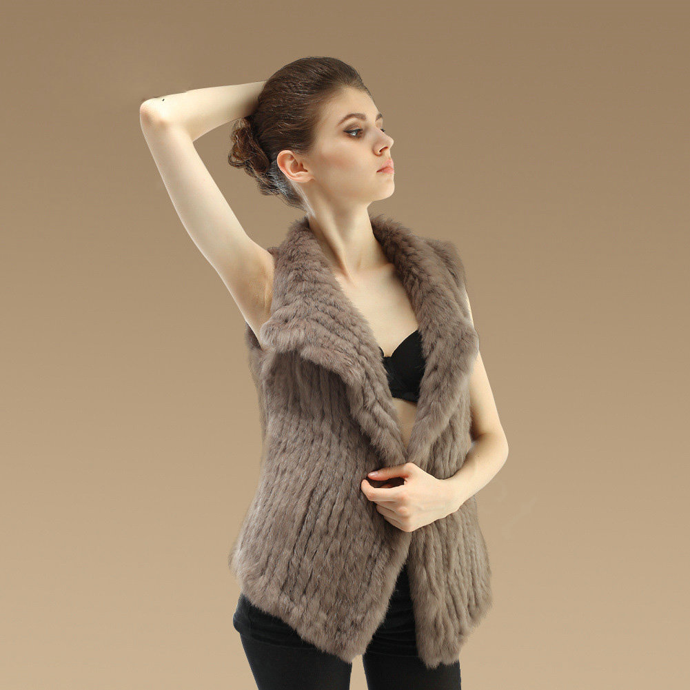 Gorgeous Delicate Knitted Nature Rabbit Fur Vest Women Winter Warm Fur Gilet - Khaki