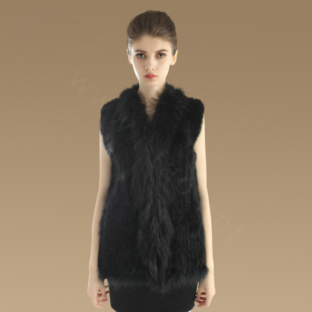 Gorgeous Genuine Knitted Rabbit Fur Vest With Raccoon Fur Collar Women Long Fur Gilet - Black