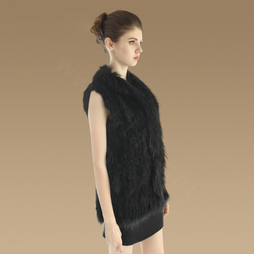 Gorgeous Genuine Knitted Rabbit Fur Vest With Raccoon Fur Collar Women Long Fur Gilet - Black