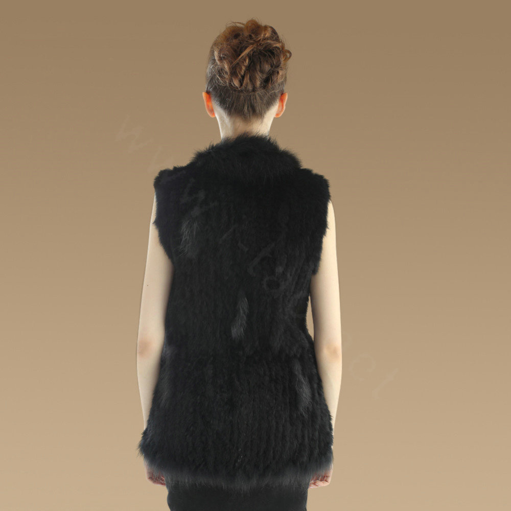 Gorgeous Genuine Knitted Rabbit Fur Vest With Raccoon Fur Collar Women Long Fur Gilet - Black