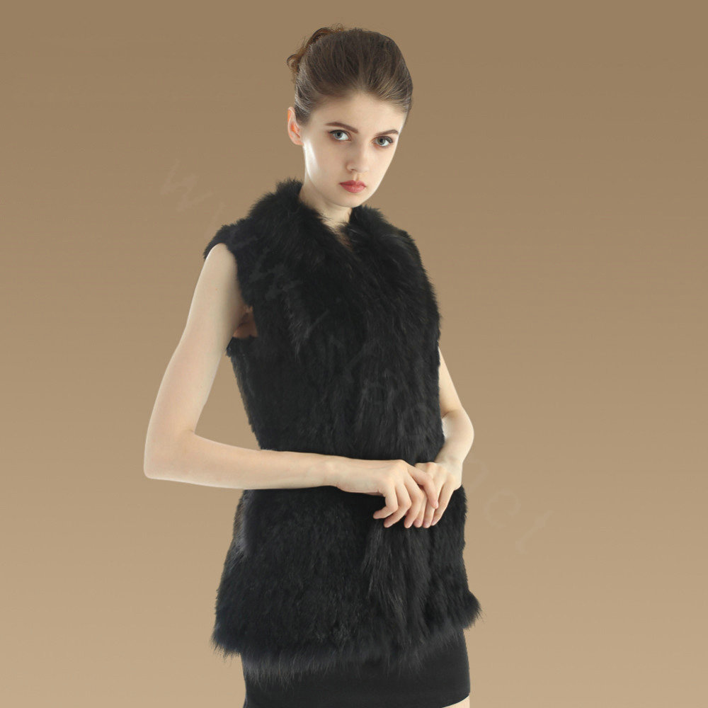 Gorgeous Genuine Knitted Rabbit Fur Vest With Raccoon Fur Collar Women Long Fur Gilet - Black