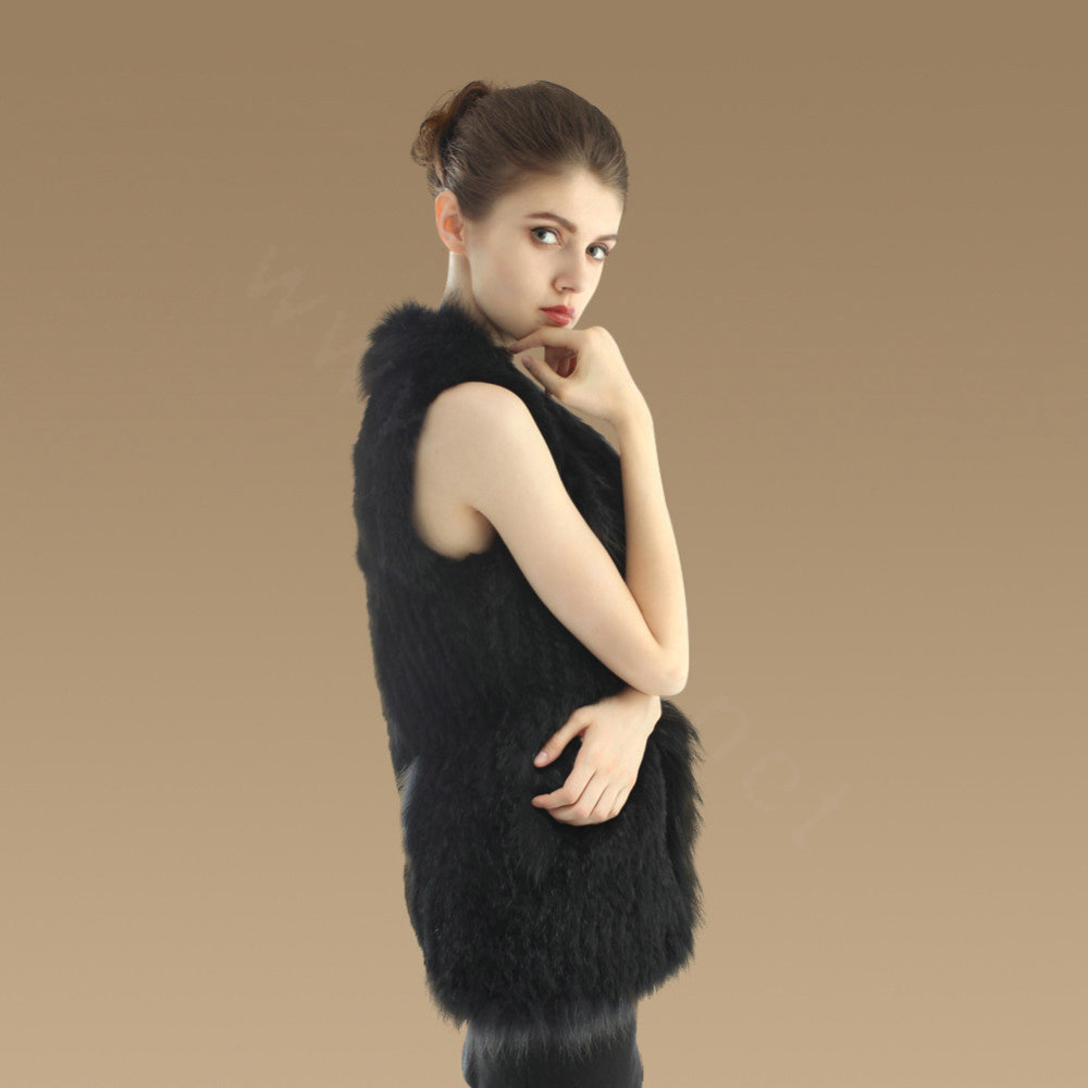 Gorgeous Genuine Knitted Rabbit Fur Vest With Raccoon Fur Collar Women Long Fur Gilet - Black