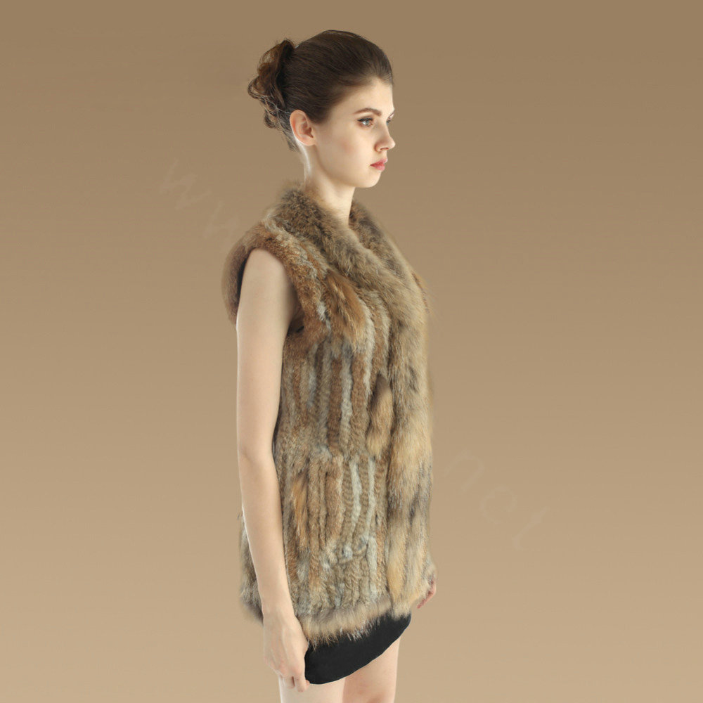 Gorgeous Genuine Knitted Rabbit Fur Vest With Raccoon Fur Collar Women Long Fur Gilet - Brown
