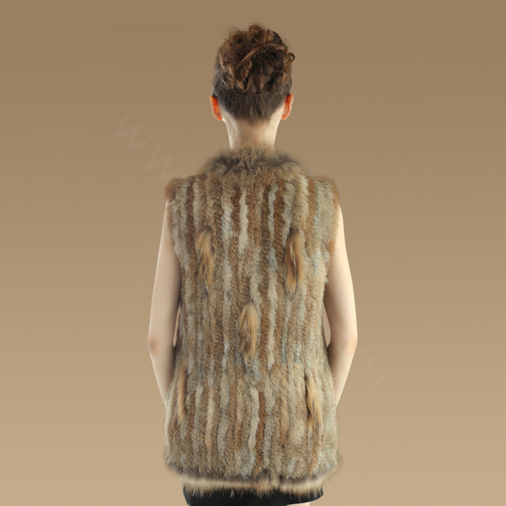 Gorgeous Genuine Knitted Rabbit Fur Vest With Raccoon Fur Collar Women Long Fur Gilet - Brown