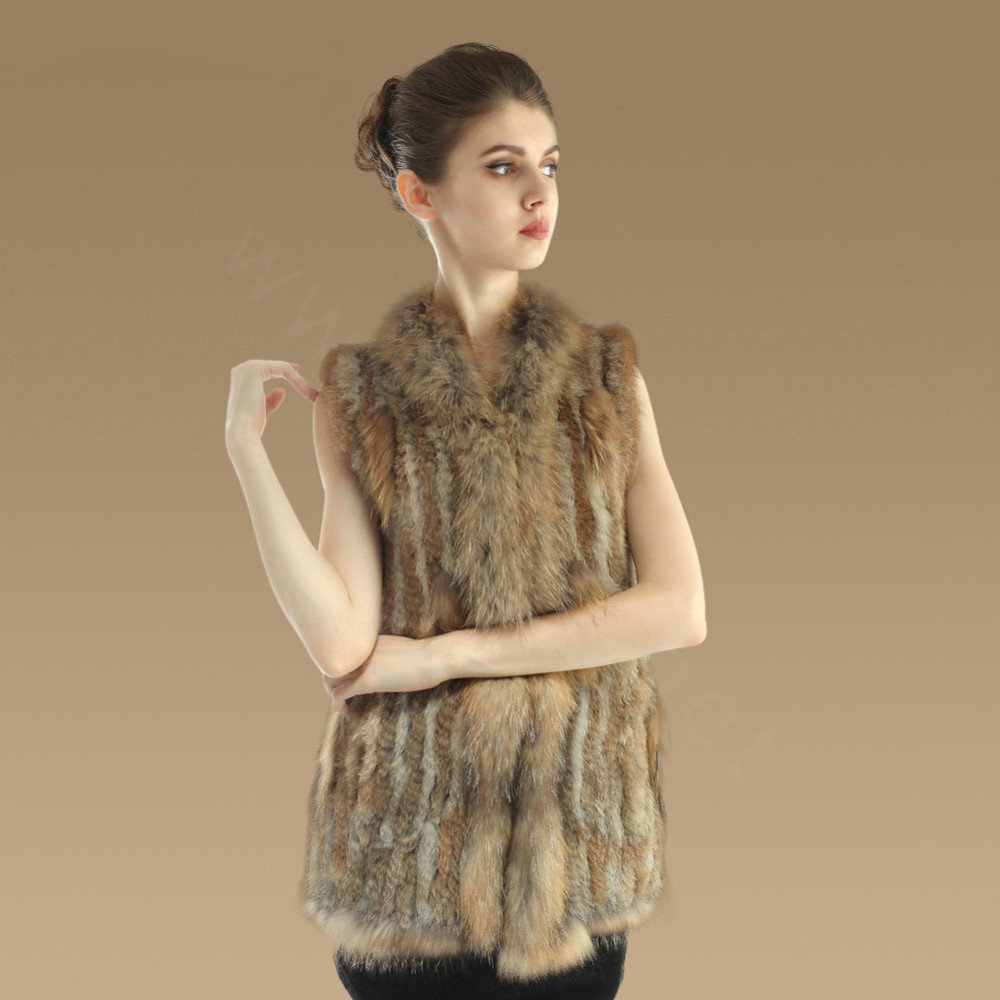 Gorgeous Genuine Knitted Rabbit Fur Vest With Raccoon Fur Collar Women Long Fur Gilet - Brown
