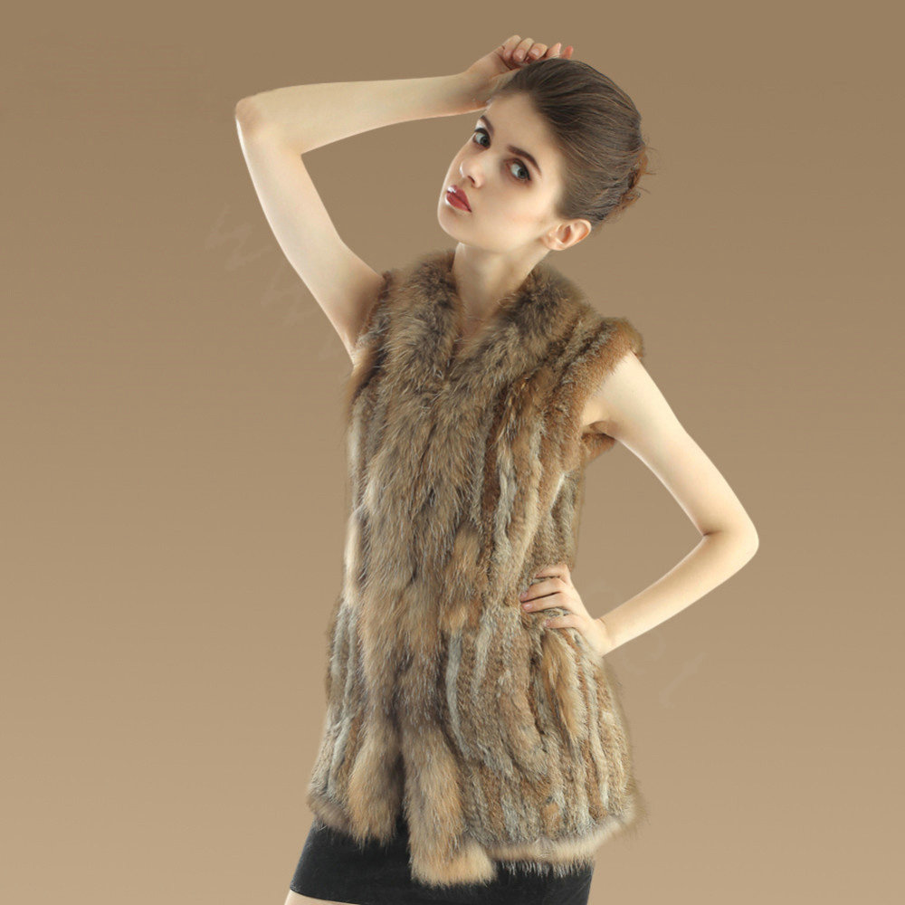 Gorgeous Genuine Knitted Rabbit Fur Vest With Raccoon Fur Collar Women Long Fur Gilet - Brown