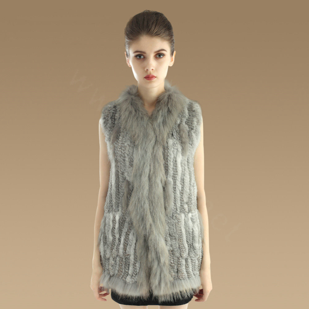 Gorgeous Genuine Knitted Rabbit Fur Vest With Raccoon Fur Collar Women Long Fur Gilet - Grey