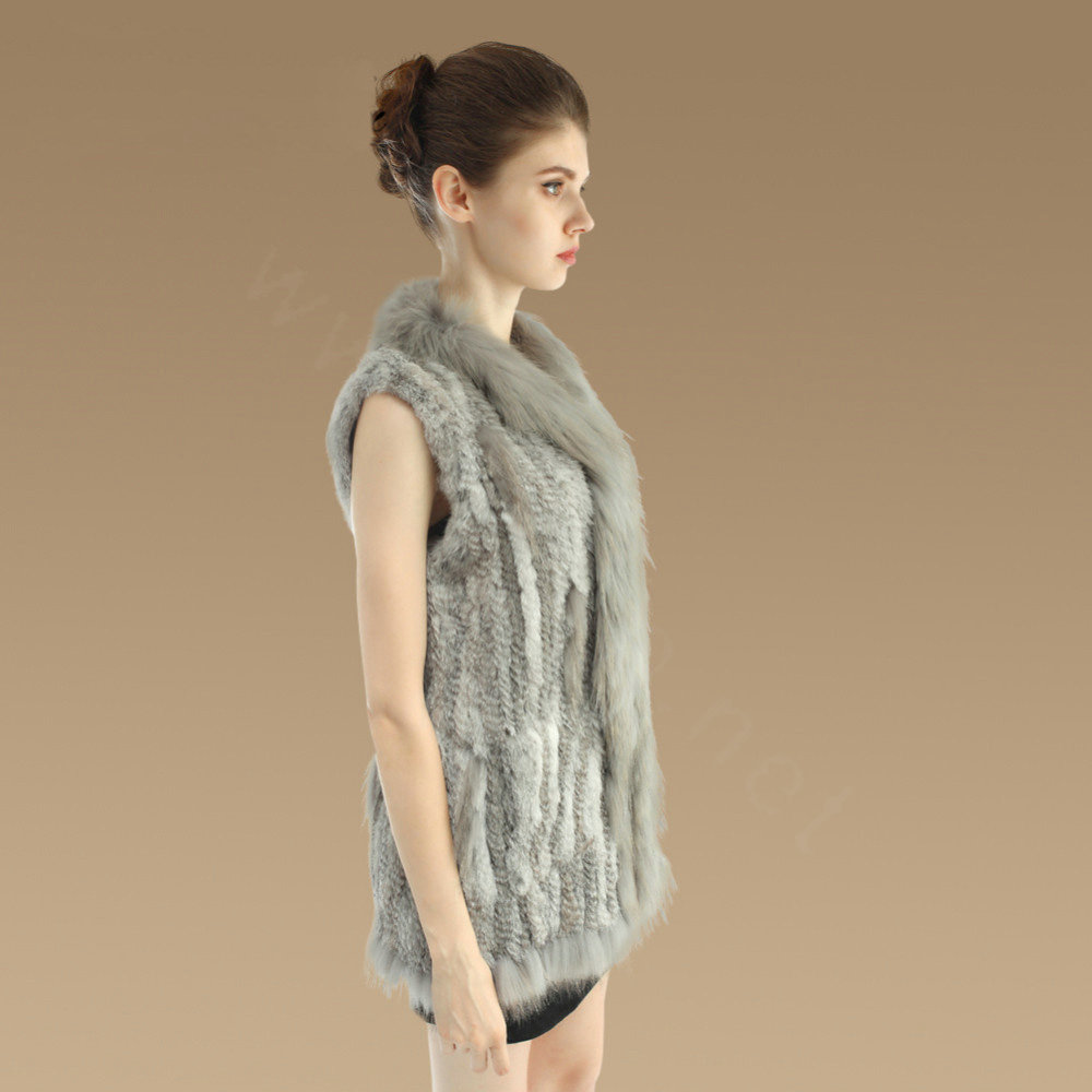 Gorgeous Genuine Knitted Rabbit Fur Vest With Raccoon Fur Collar Women Long Fur Gilet - Grey