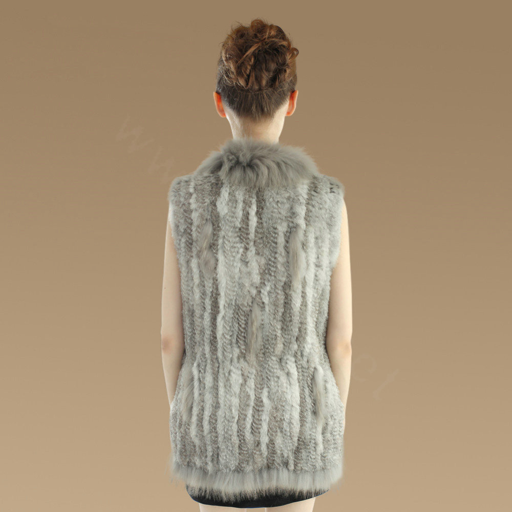 Gorgeous Genuine Knitted Rabbit Fur Vest With Raccoon Fur Collar Women Long Fur Gilet - Grey