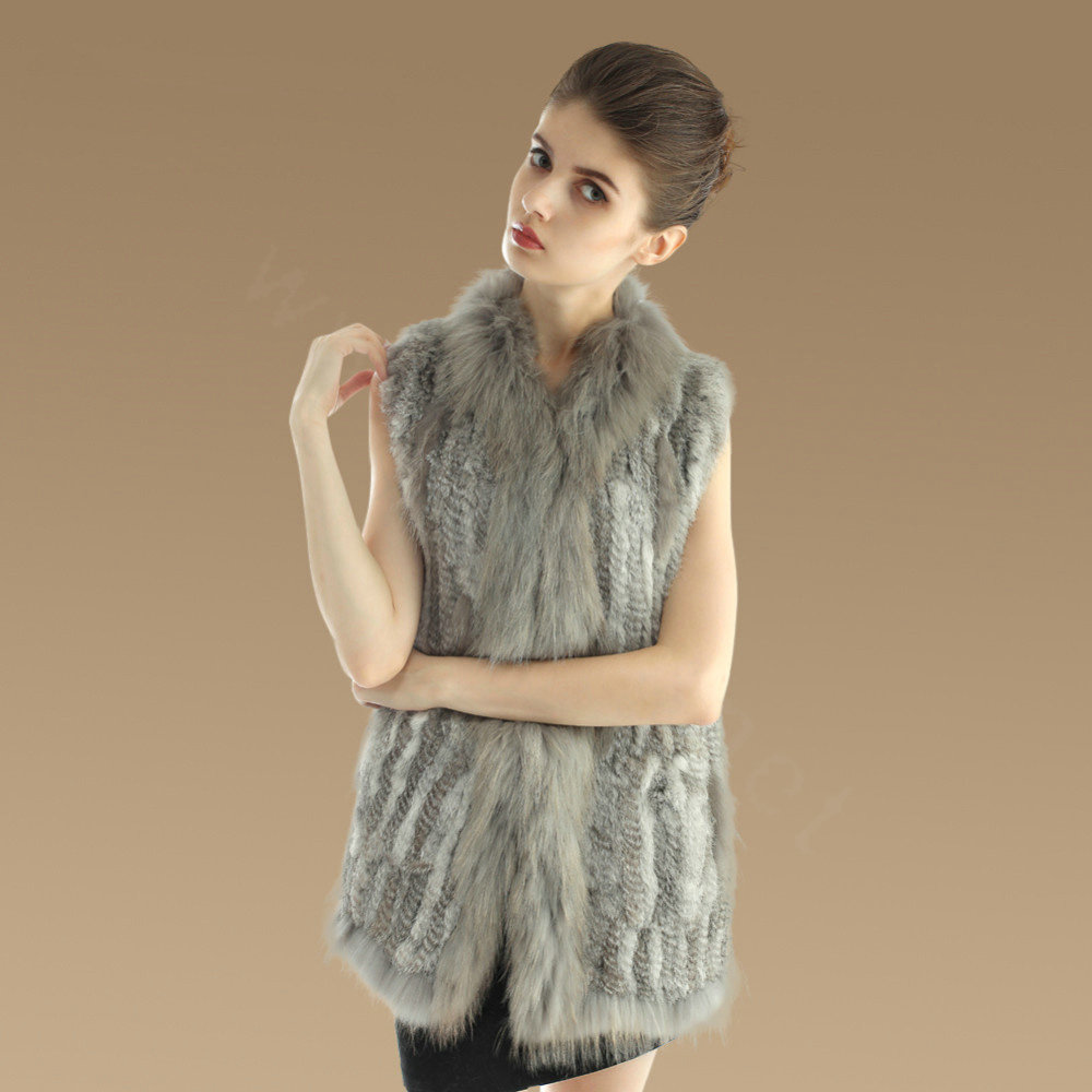 Gorgeous Genuine Knitted Rabbit Fur Vest With Raccoon Fur Collar Women Long Fur Gilet - Grey