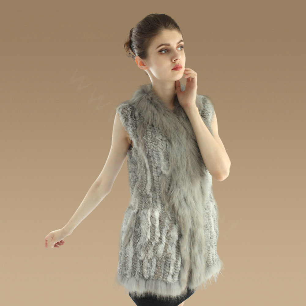 Gorgeous Genuine Knitted Rabbit Fur Vest With Raccoon Fur Collar Women Long Fur Gilet - Grey