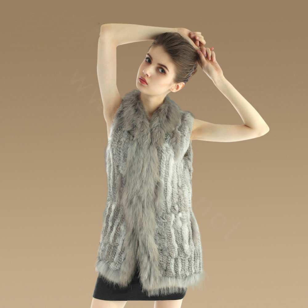 Gorgeous Genuine Knitted Rabbit Fur Vest With Raccoon Fur Collar Women Long Fur Gilet - Grey