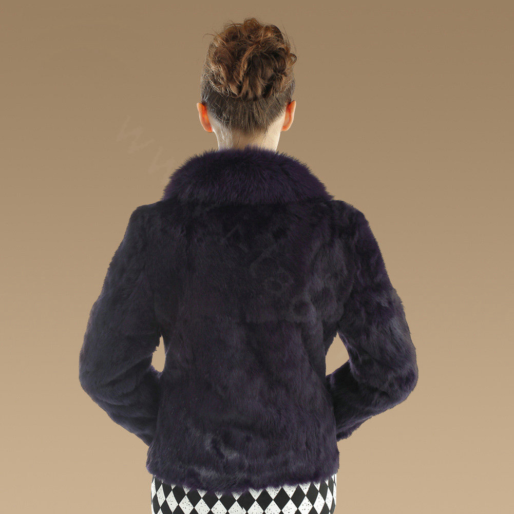 Gorgeous Genuine Rabbit Fur Coat With Fox Fur Collar Fashion Women Warm Fur Jacket - Purple