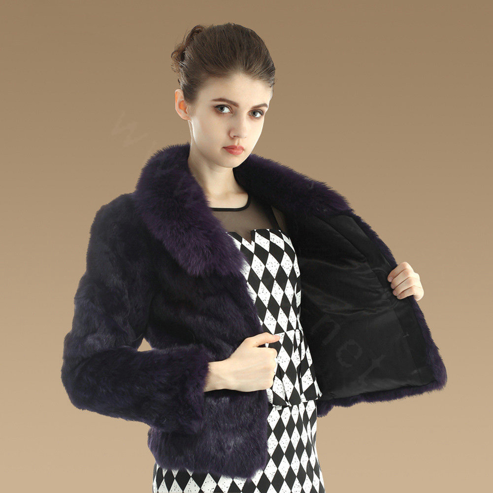 Gorgeous Genuine Rabbit Fur Coat With Fox Fur Collar Fashion Women Warm Fur Jacket - Purple