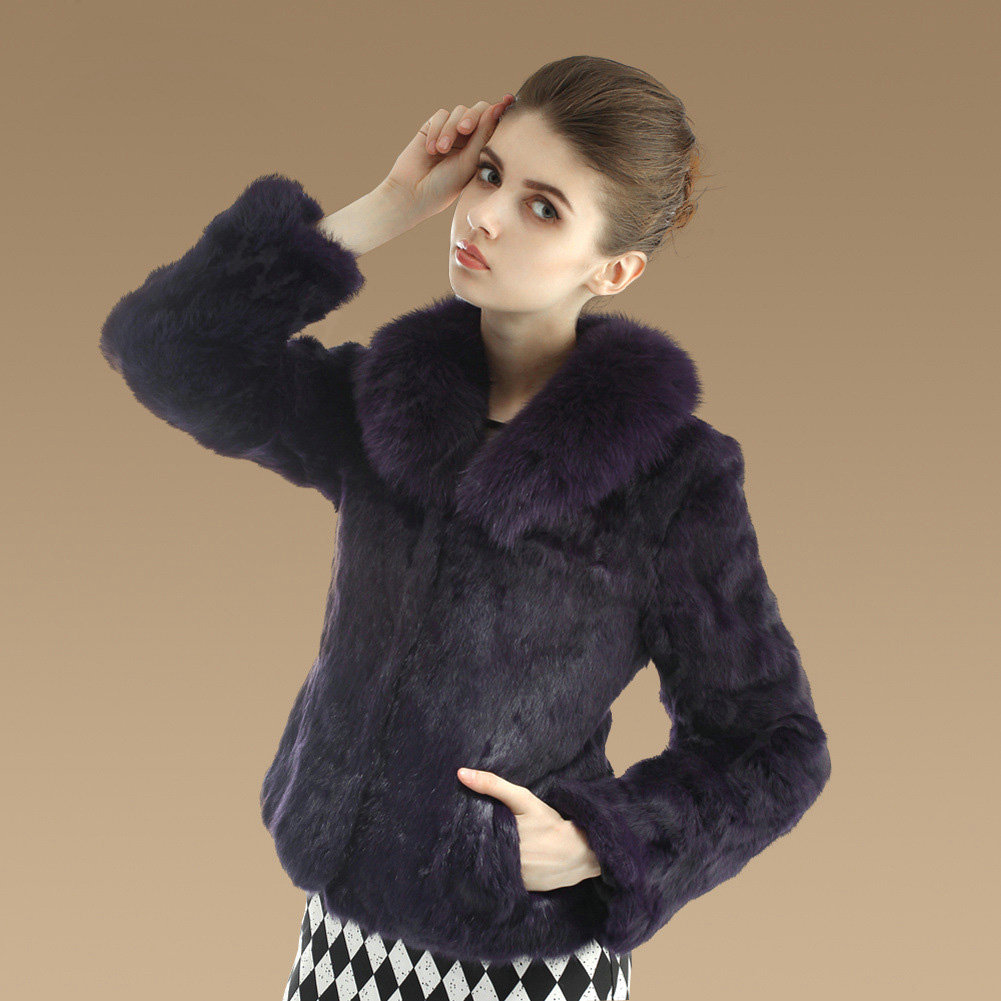 Gorgeous Genuine Rabbit Fur Coat With Fox Fur Collar Fashion Women Warm Fur Jacket - Purple