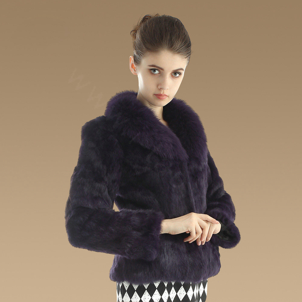 Gorgeous Genuine Rabbit Fur Coat With Fox Fur Collar Fashion Women Warm Fur Jacket - Purple