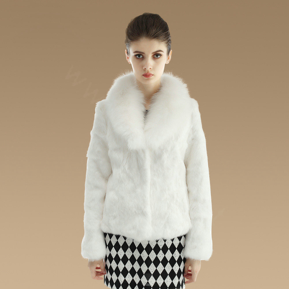 Gorgeous Genuine Rabbit Fur Coat With Fox Fur Collar Fashion Women Warm Fur Jacket - White