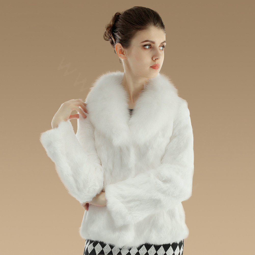 Gorgeous Genuine Rabbit Fur Coat With Fox Fur Collar Fashion Women Warm Fur Jacket - White