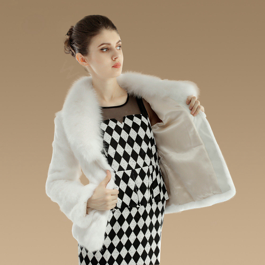 Gorgeous Genuine Rabbit Fur Coat With Fox Fur Collar Fashion Women Warm Fur Jacket - White