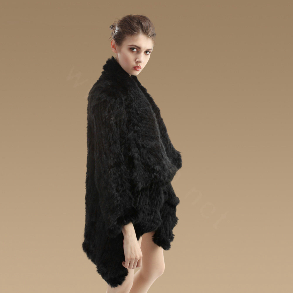 Gorgeous Natural Rabbit Fur Outwear Fashion Women Knitted Irregular Rabbit Fur Coats - Black