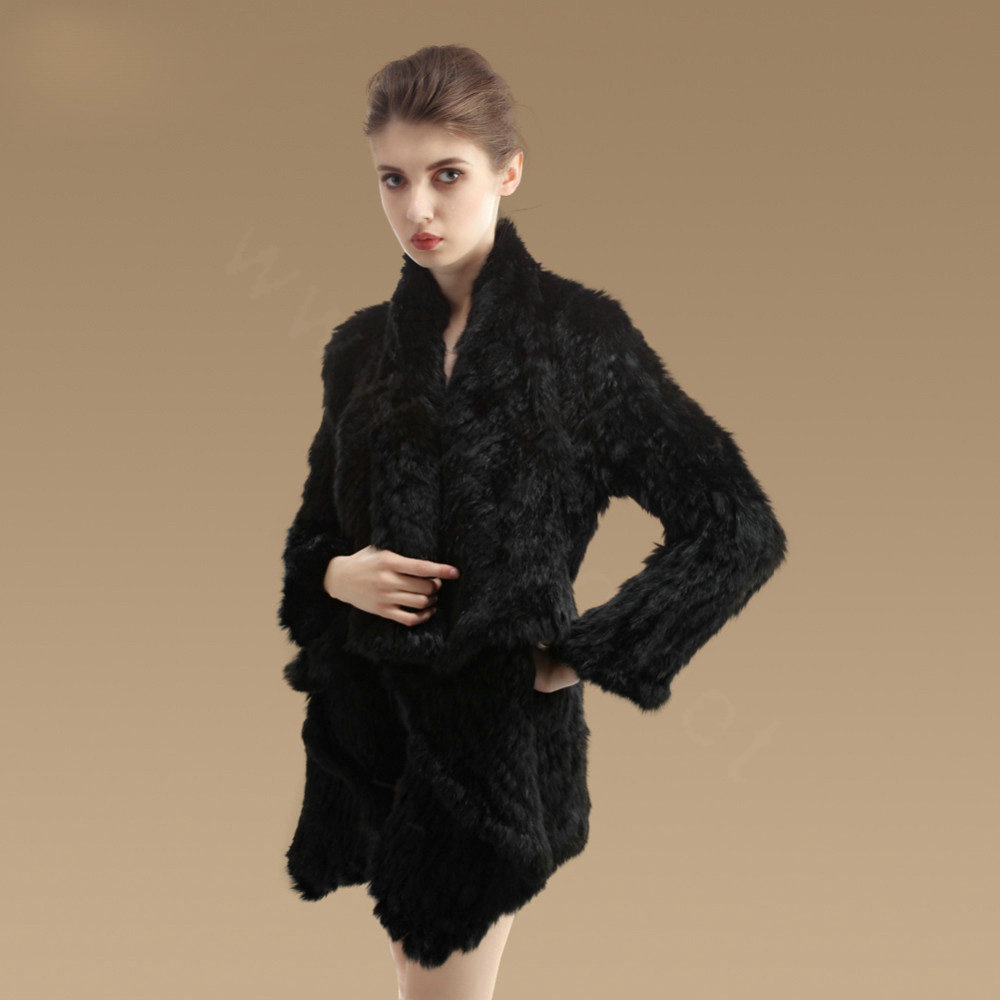 Gorgeous Natural Rabbit Fur Outwear Fashion Women Knitted Irregular Rabbit Fur Coats - Black