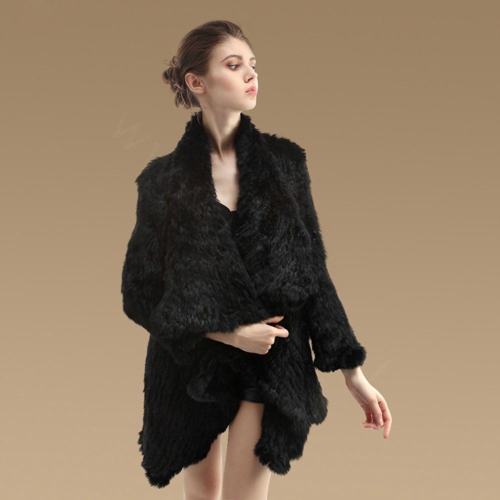 Gorgeous Natural Rabbit Fur Outwear Fashion Women Knitted Irregular Rabbit Fur Coats - Black