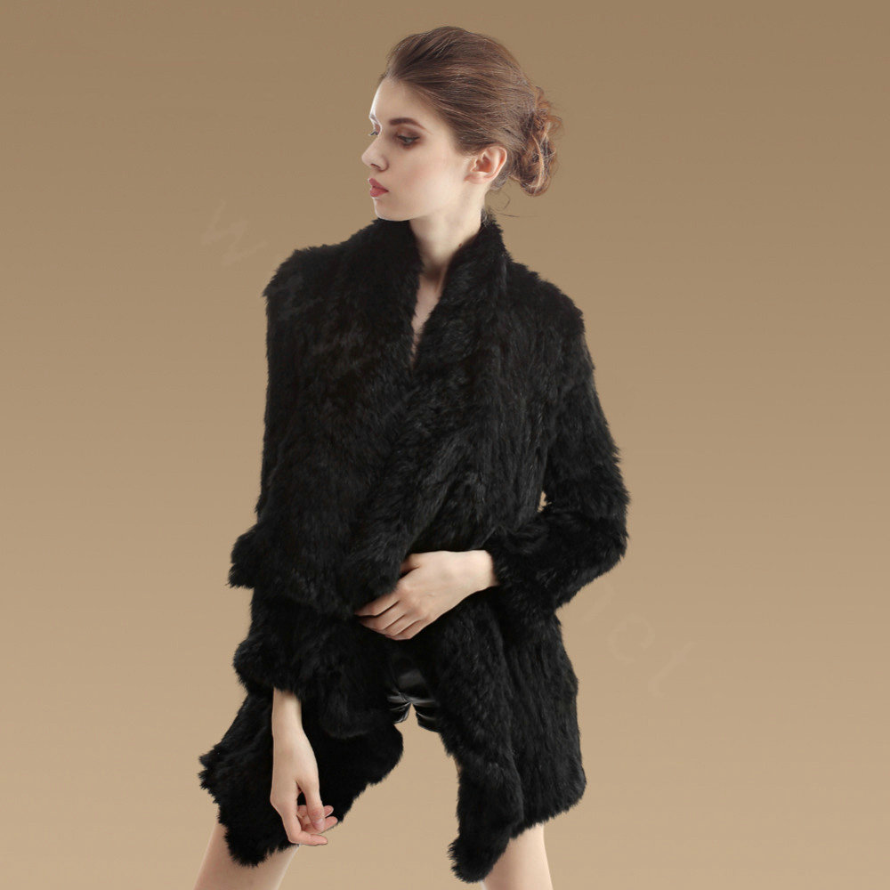 Gorgeous Natural Rabbit Fur Outwear Fashion Women Knitted Irregular Rabbit Fur Coats - Black