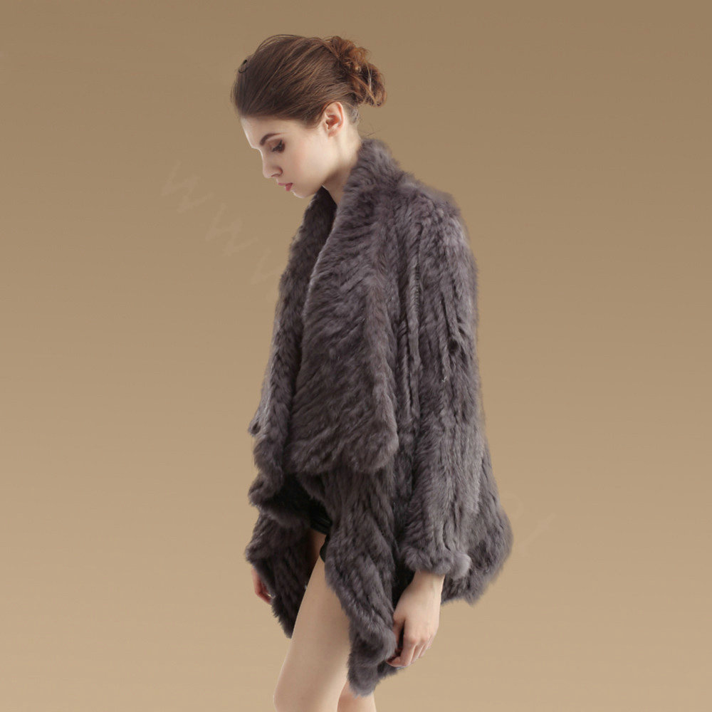 Gorgeous Natural Rabbit Fur Outwear Fashion Women Knitted Irregular Rabbit Fur Coats - Dark Grey