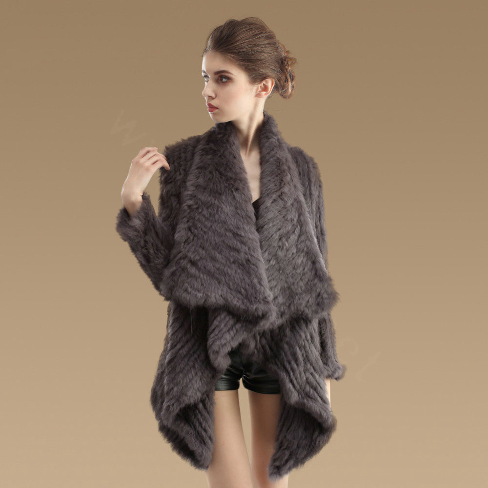 Gorgeous Natural Rabbit Fur Outwear Fashion Women Knitted Irregular Rabbit Fur Coats - Dark Grey