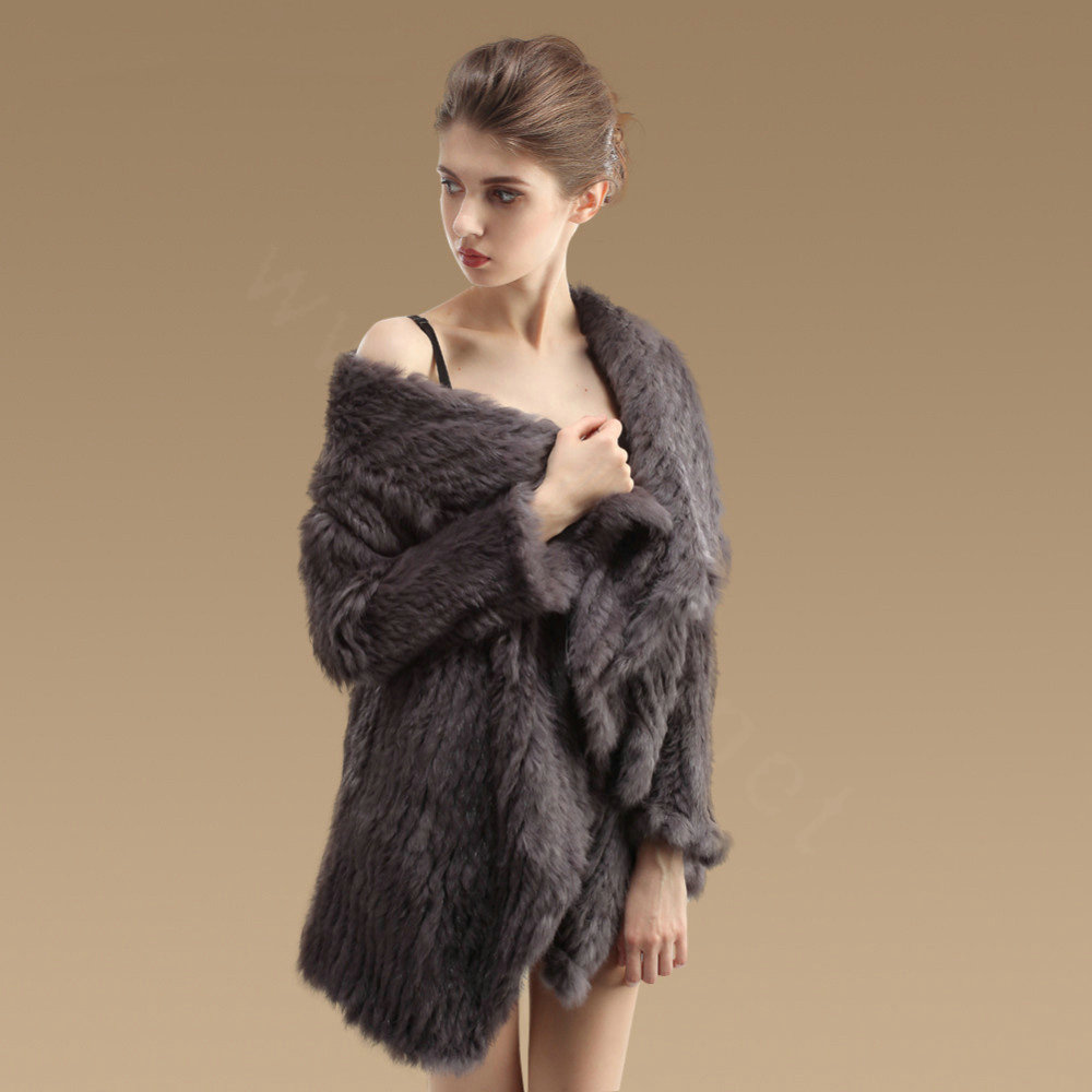 Gorgeous Natural Rabbit Fur Outwear Fashion Women Knitted Irregular Rabbit Fur Coats - Dark Grey