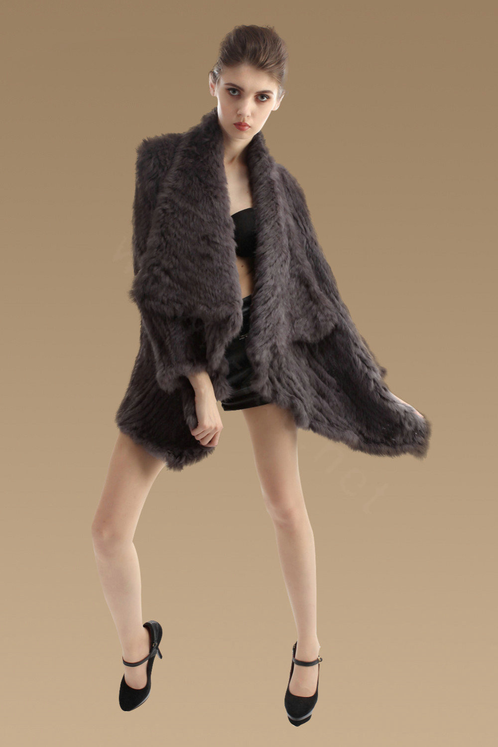 Gorgeous Natural Rabbit Fur Outwear Fashion Women Knitted Irregular Rabbit Fur Coats - Dark Grey