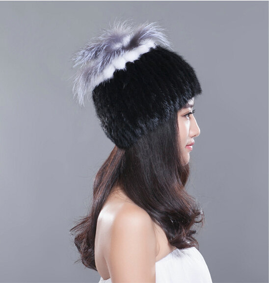 Gorgeous Winter Genuine Mink Fur Hat With Sliver Fox Fur Flower Top Women Knitted Beanies - Black