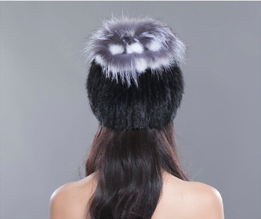 Gorgeous Winter Genuine Mink Fur Hat With Sliver Fox Fur Flower Top Women Knitted Beanies - Black