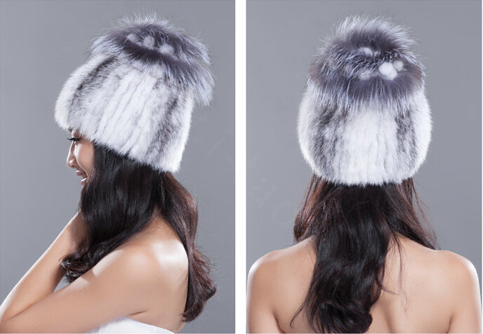 Gorgeous Winter Genuine Mink Fur Hat With Sliver Fox Fur Flower Top Women Knitted Beanies - White