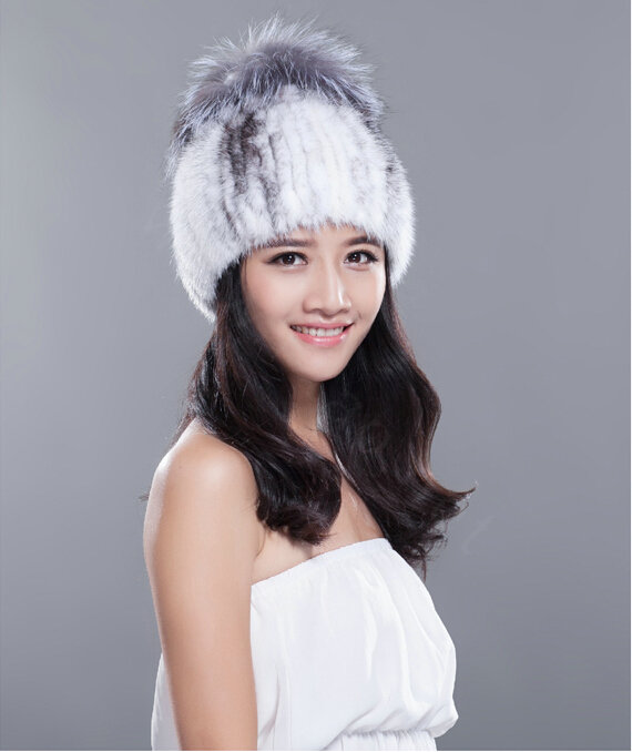Gorgeous Winter Genuine Mink Fur Hat With Sliver Fox Fur Flower Top Women Knitted Beanies - White