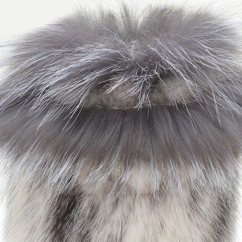 Gorgeous Winter Genuine Mink Fur Hat With Sliver Fox Fur Flower Top Women Knitted Beanies - White