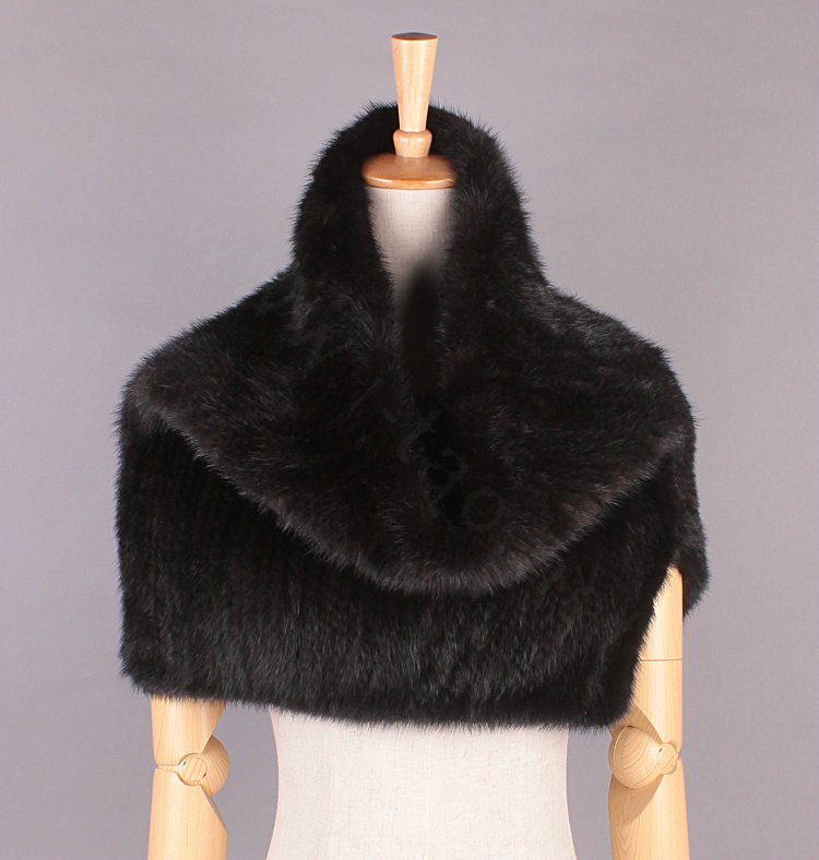 Gorgeous Winter Women Knitted Genuine Mink Fur Shawl Scarf Thick Fur Collars Wraps - Black