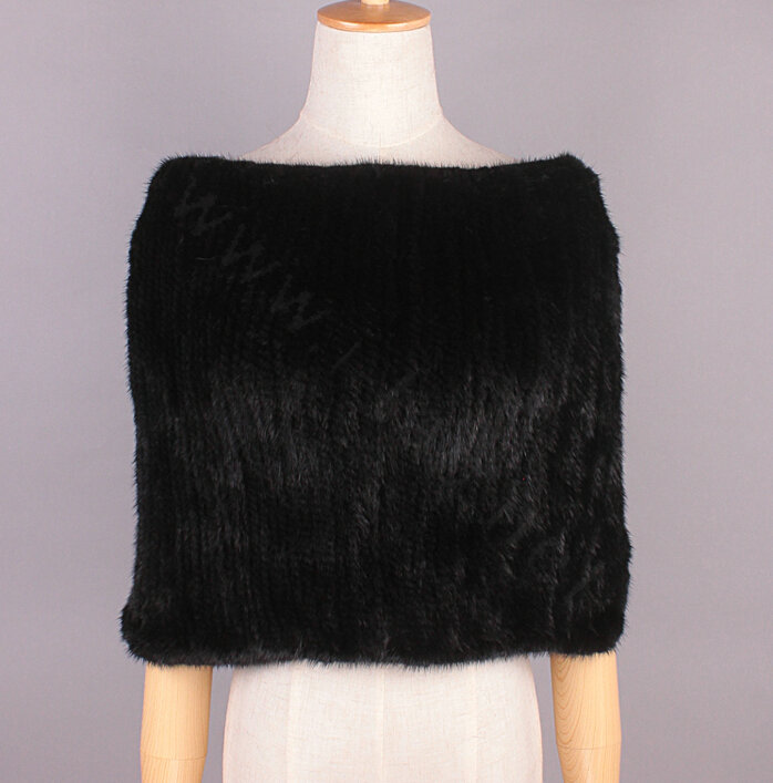 Gorgeous Winter Women Knitted Genuine Mink Fur Shawl Scarf Thick Fur Collars Wraps - Black