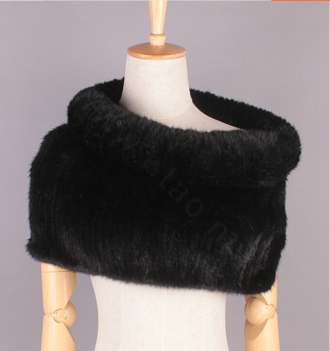 Gorgeous Winter Women Knitted Genuine Mink Fur Shawl Scarf Thick Fur Collars Wraps - Black